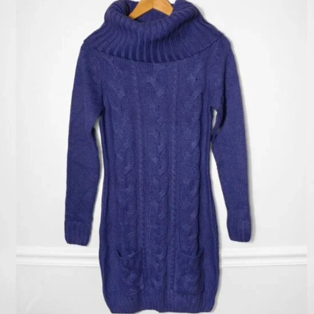 Venus Womens Cowl Neck Cable Knit Sweater Dress Blue Cozy Size M